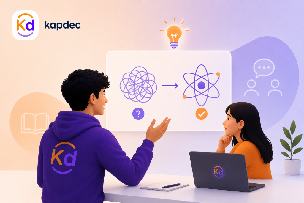 A clean Kapdec educational illustration showing a student explaining a complex STEM concept to another student, with a confusing diagram transforming into a clear atomic model to represent how explaining difficult ideas creates deeper understanding.