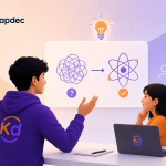 A clean Kapdec educational illustration showing a student explaining a complex STEM concept to another student, with a confusing diagram transforming into a clear atomic model to represent how explaining difficult ideas creates deeper understanding.